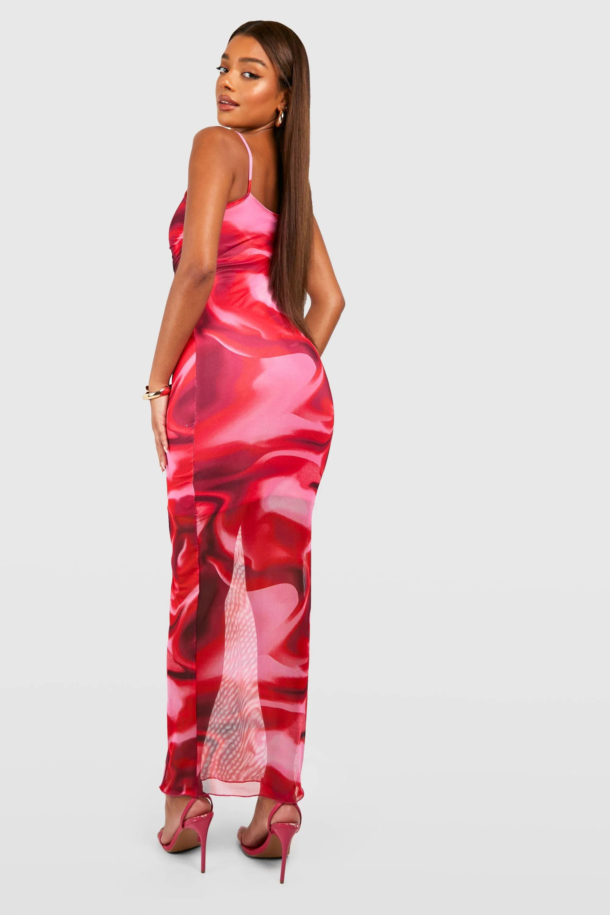 Boohoo Abstract Marble Mesh Slip Dress, Pink
