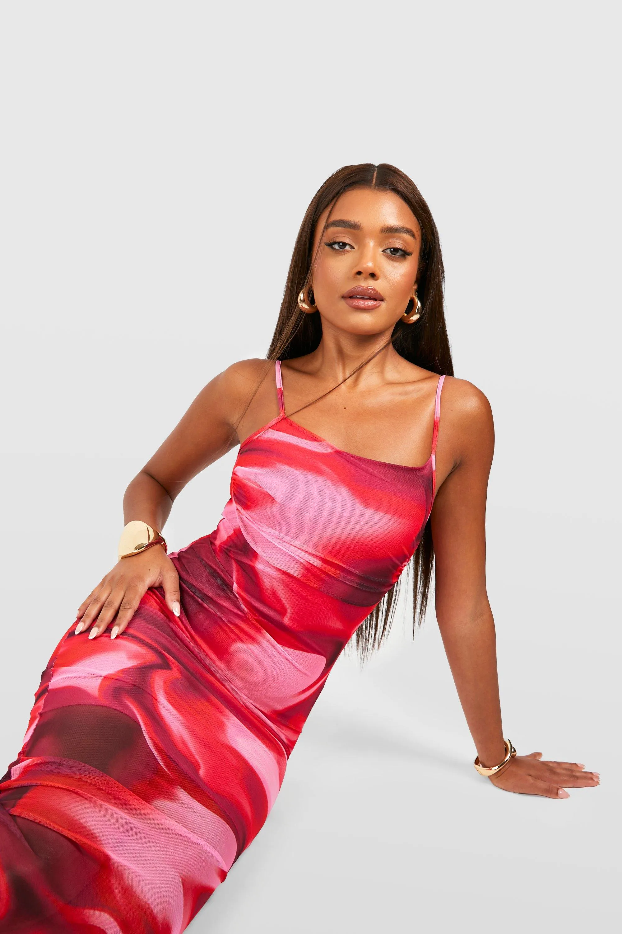 Boohoo Abstract Marble Mesh Slip Dress, Pink
