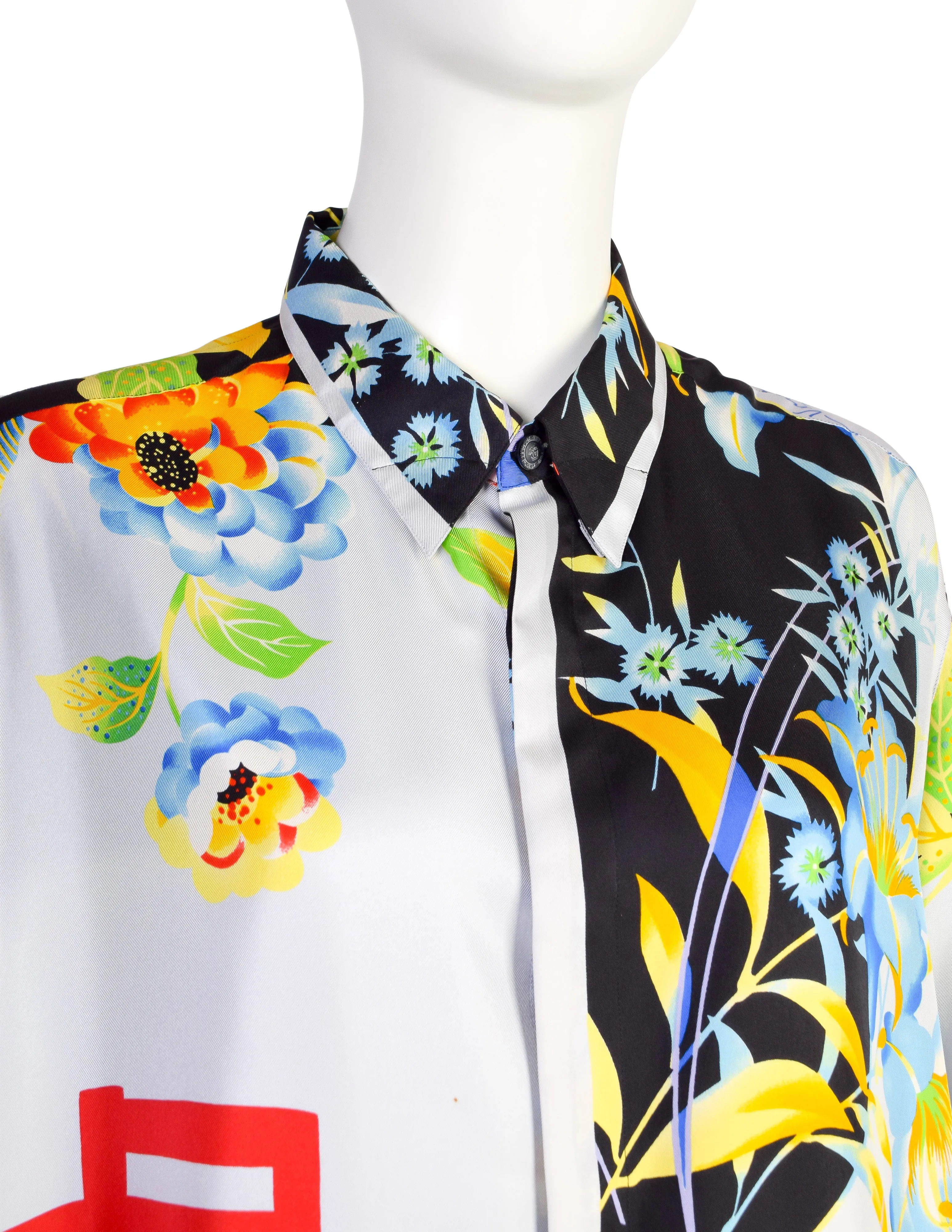 Gianni Versace Vintage 1990s Men's Japanese Inspired Tropical Print Silk Button Up Shirt