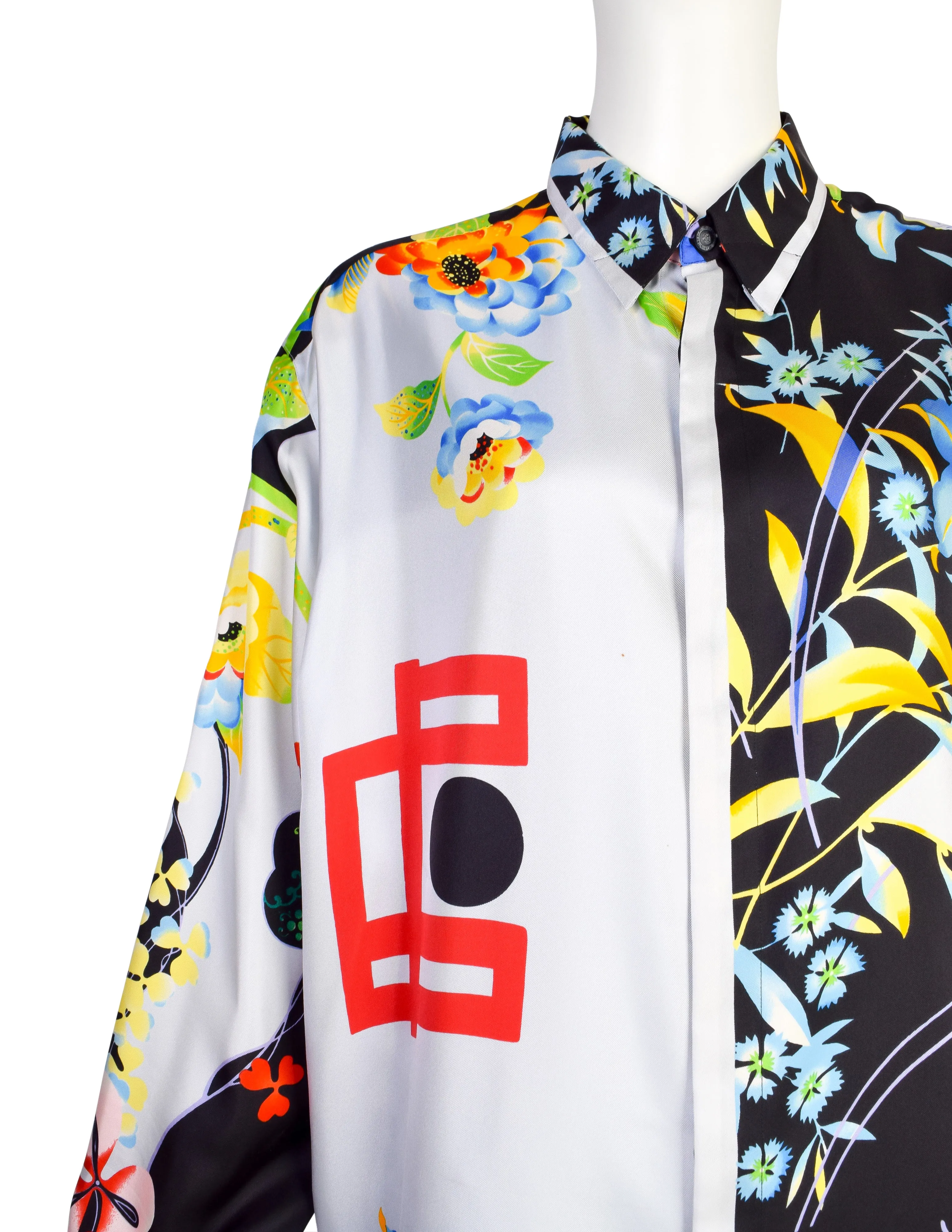 Gianni Versace Vintage 1990s Men's Japanese Inspired Tropical Print Silk Button Up Shirt