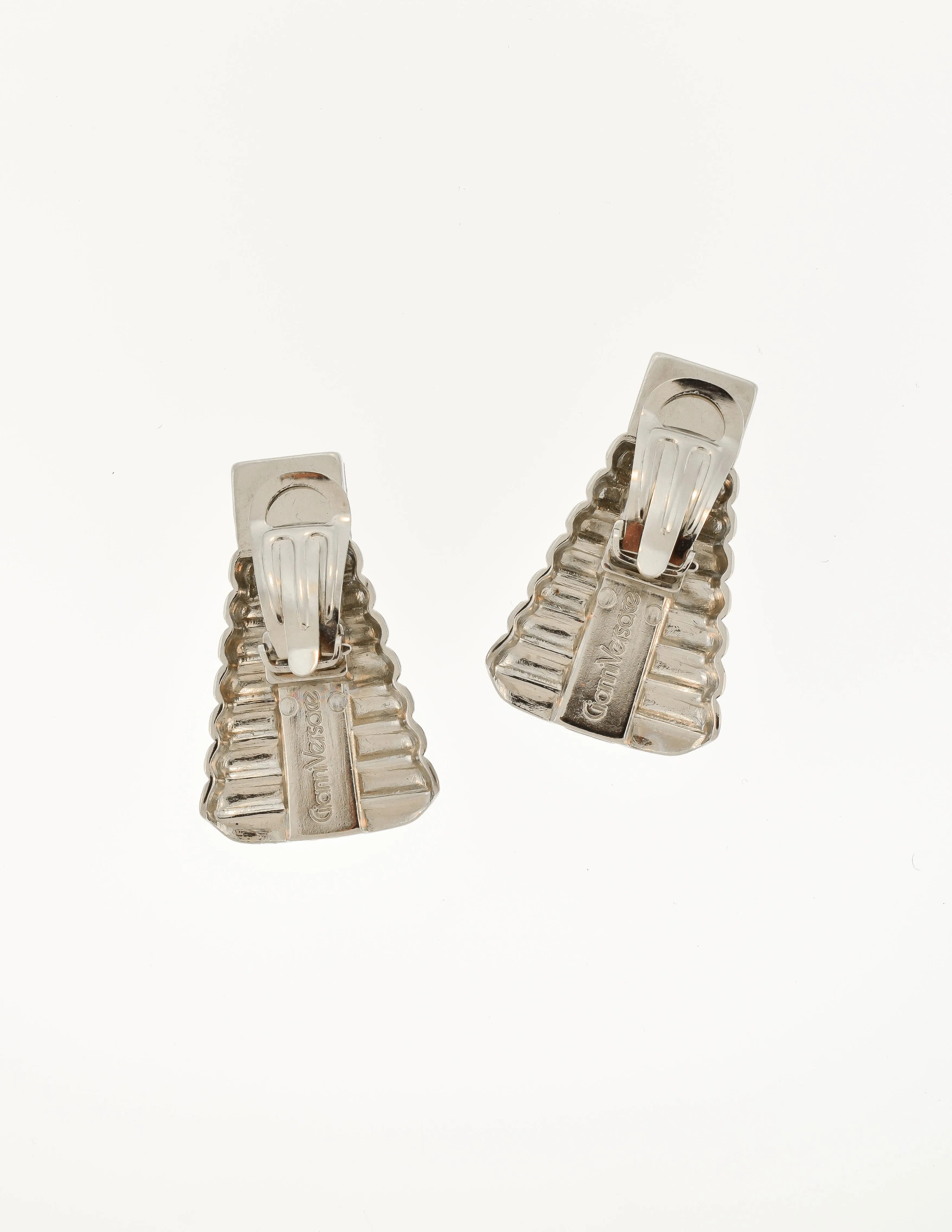 Gianni Versace Vintage Silver Geometric Ribbed Rhinestone Earrings