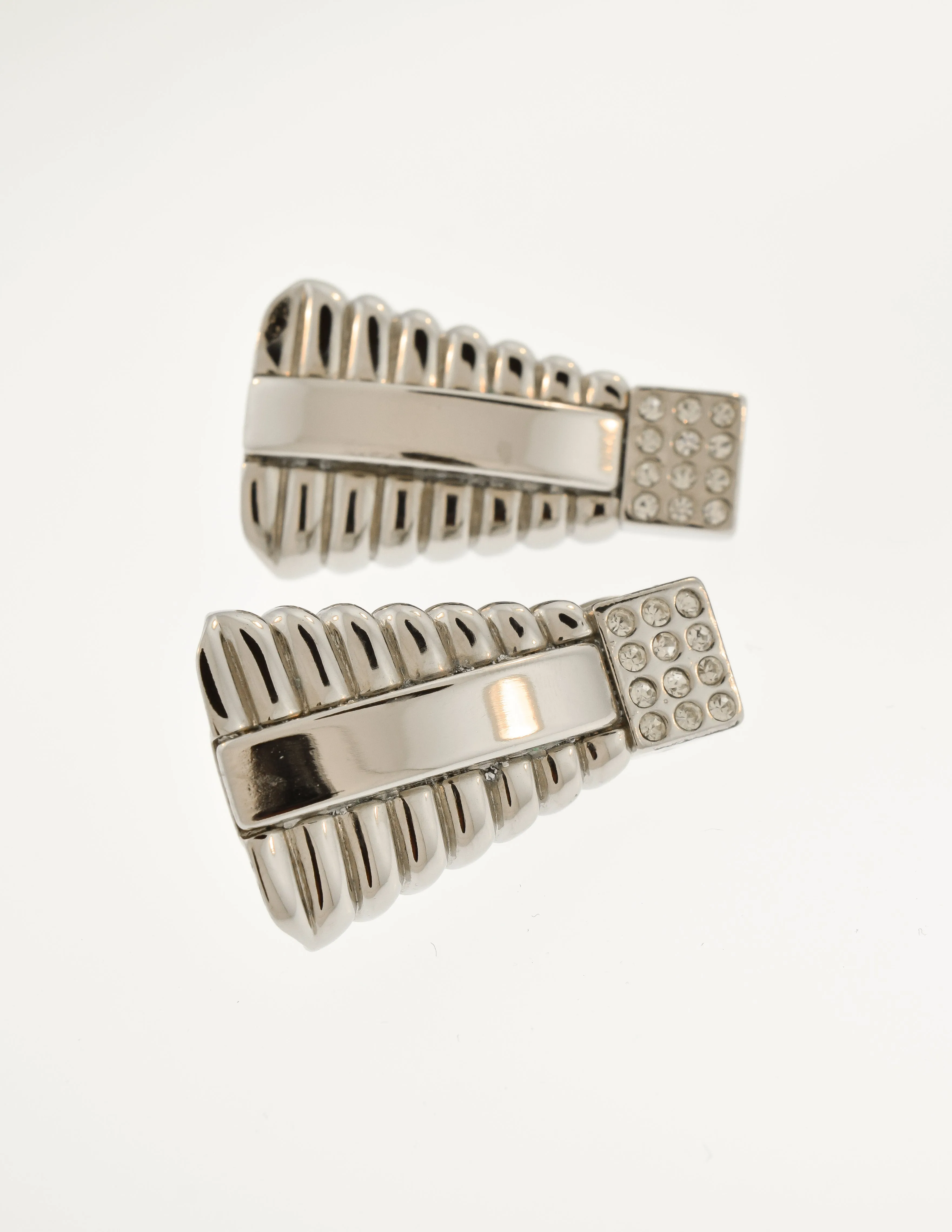 Gianni Versace Vintage Silver Geometric Ribbed Rhinestone Earrings