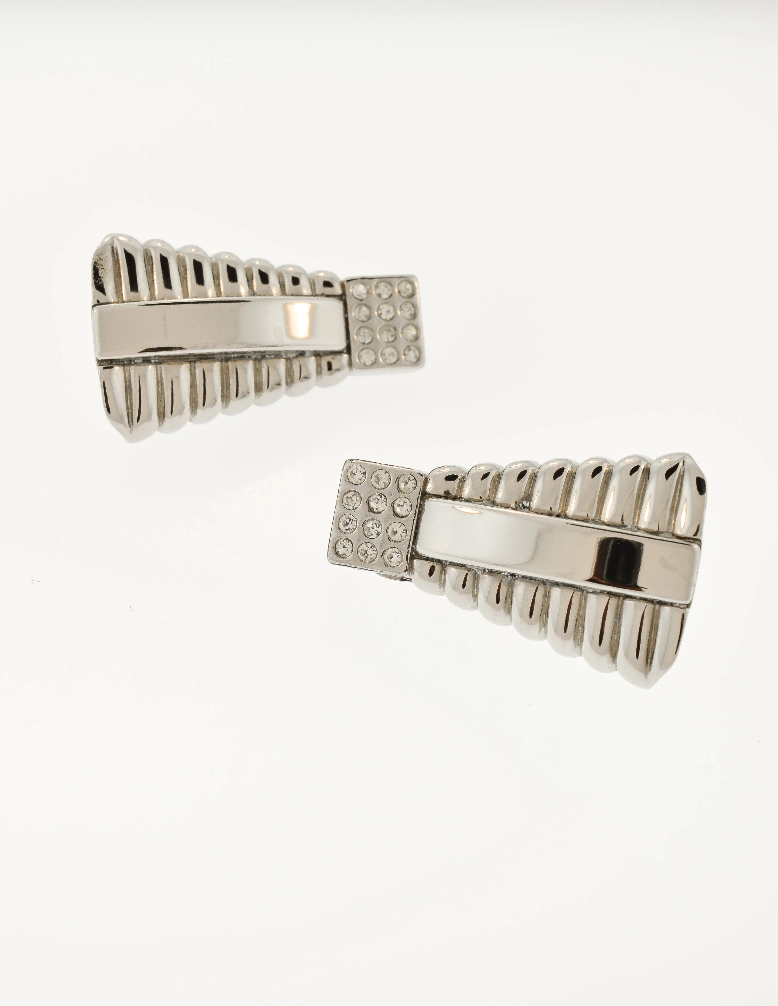 Gianni Versace Vintage Silver Geometric Ribbed Rhinestone Earrings