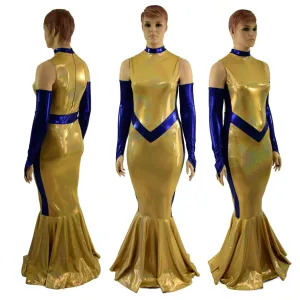 Gold and Blue Super Hero Fishtail Gown and Arm Warmers