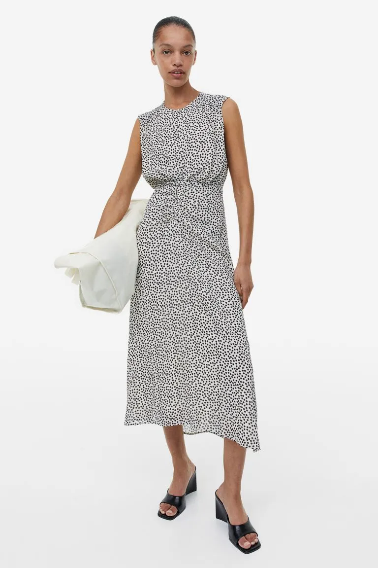 H&M Printed Chiffon Dress, Cream/Dotted