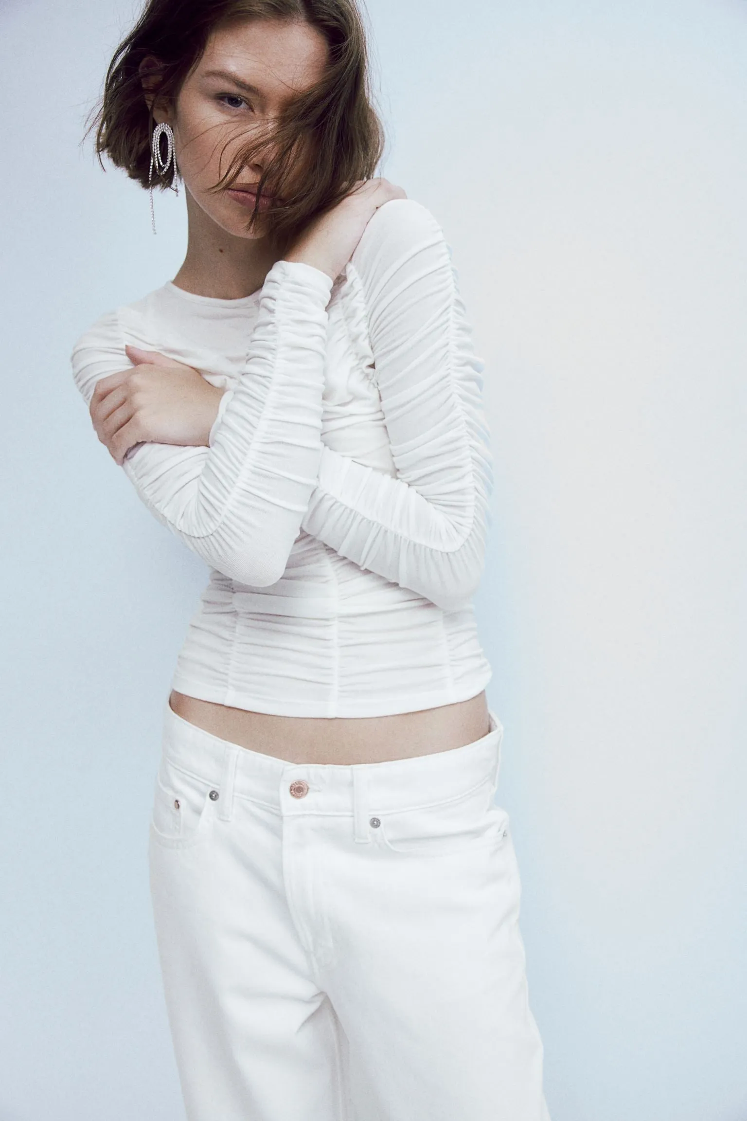 H&M Ruched Mesh top, white