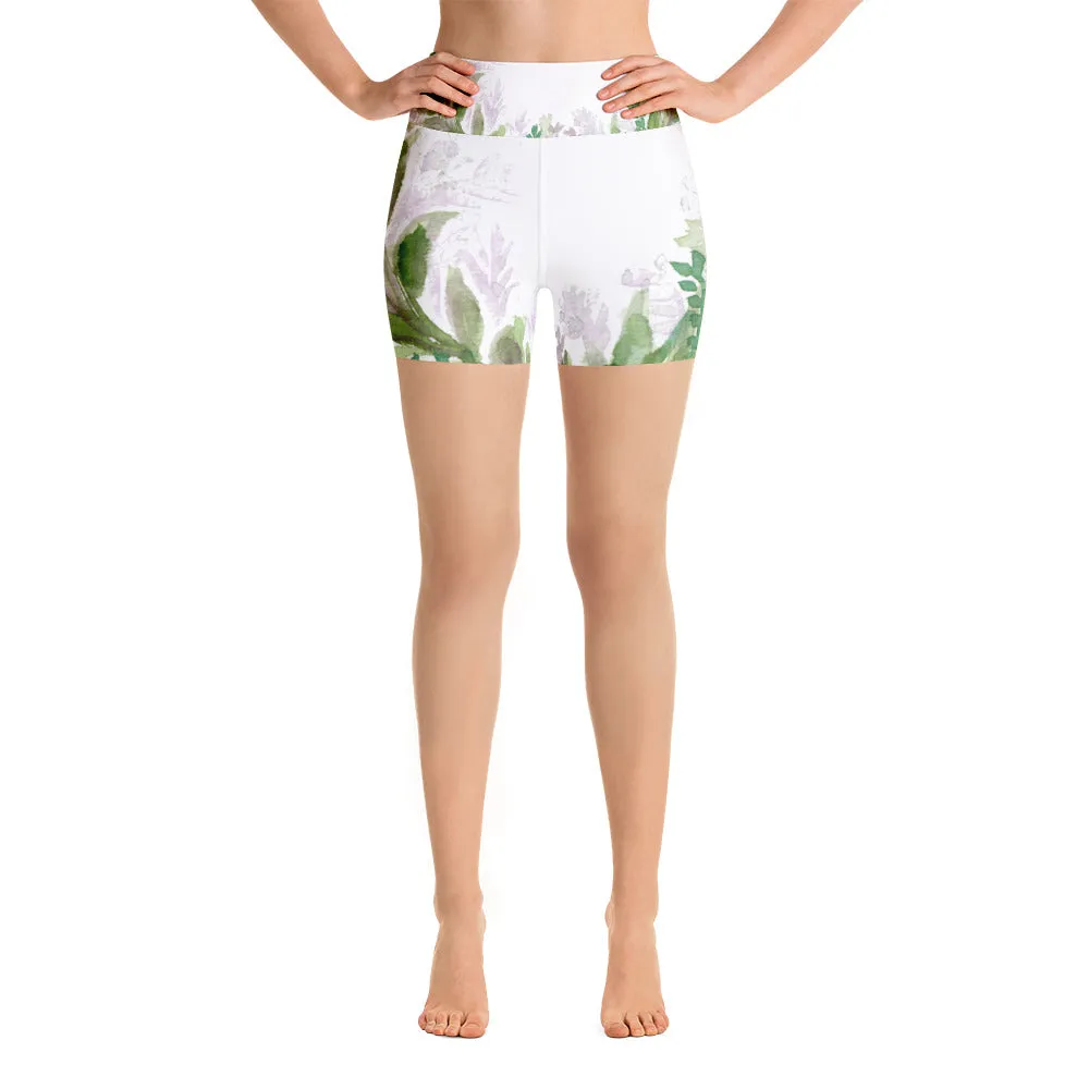 Lavender Floral Print Yoga Shorts, Purple White Green Workout Tights- Made in USA/EU