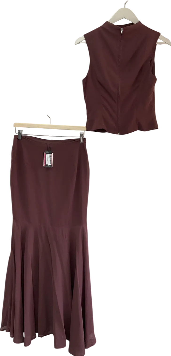 PrettyLittleThing Red Dark Plum Chiffon Fishtail Maxi Skirt & Top UK 8