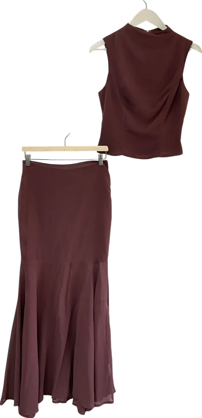 PrettyLittleThing Red Dark Plum Chiffon Fishtail Maxi Skirt & Top UK 8
