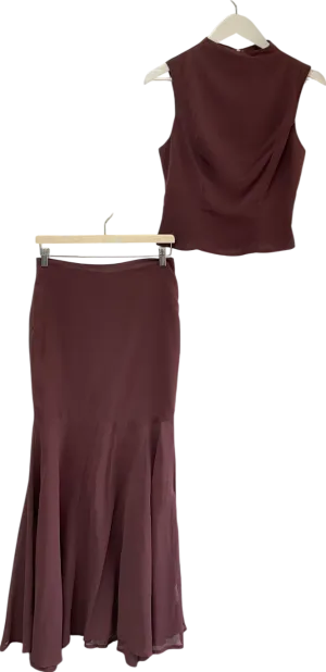 PrettyLittleThing Red Dark Plum Chiffon Fishtail Maxi Skirt & Top UK 8