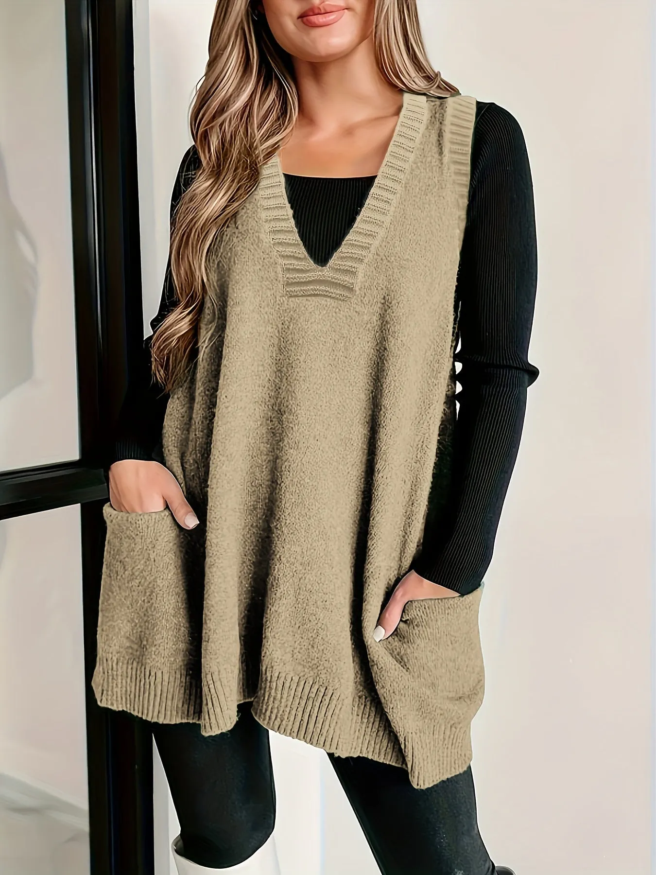 Women's Plus Size Solid Knit V-Neck Sleeveless Sweater Vest - Perfect for Fall & Winter Layering