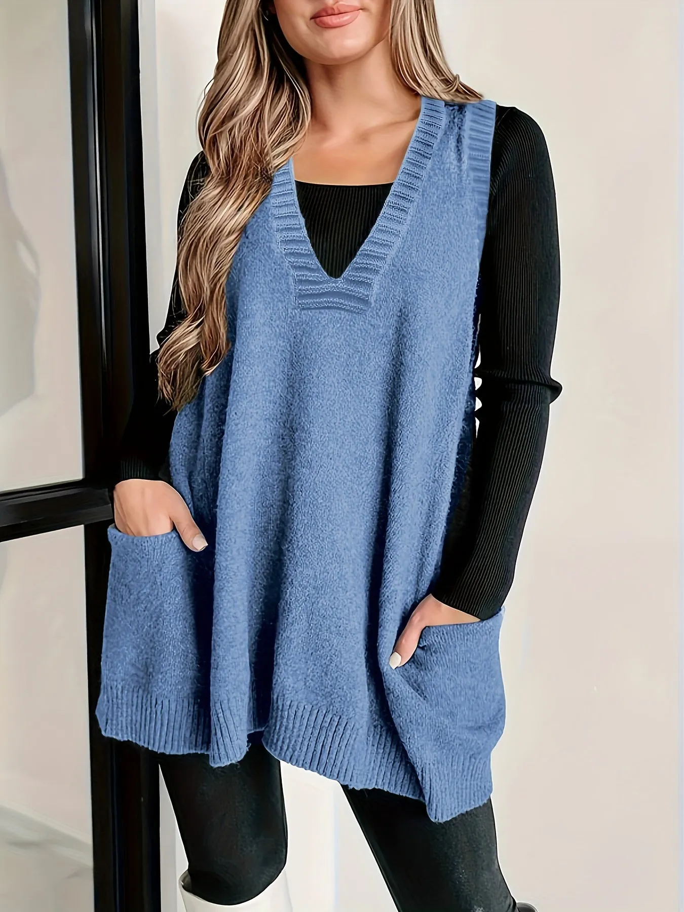 Women's Plus Size Solid Knit V-Neck Sleeveless Sweater Vest - Perfect for Fall & Winter Layering